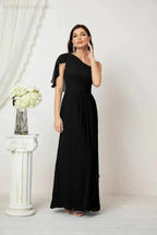Numbersea Chiffon Ruffled One Shoulder Long Bridesmaid Dresses A-line Formal Evening Gown Side Split 2809 by numbersea