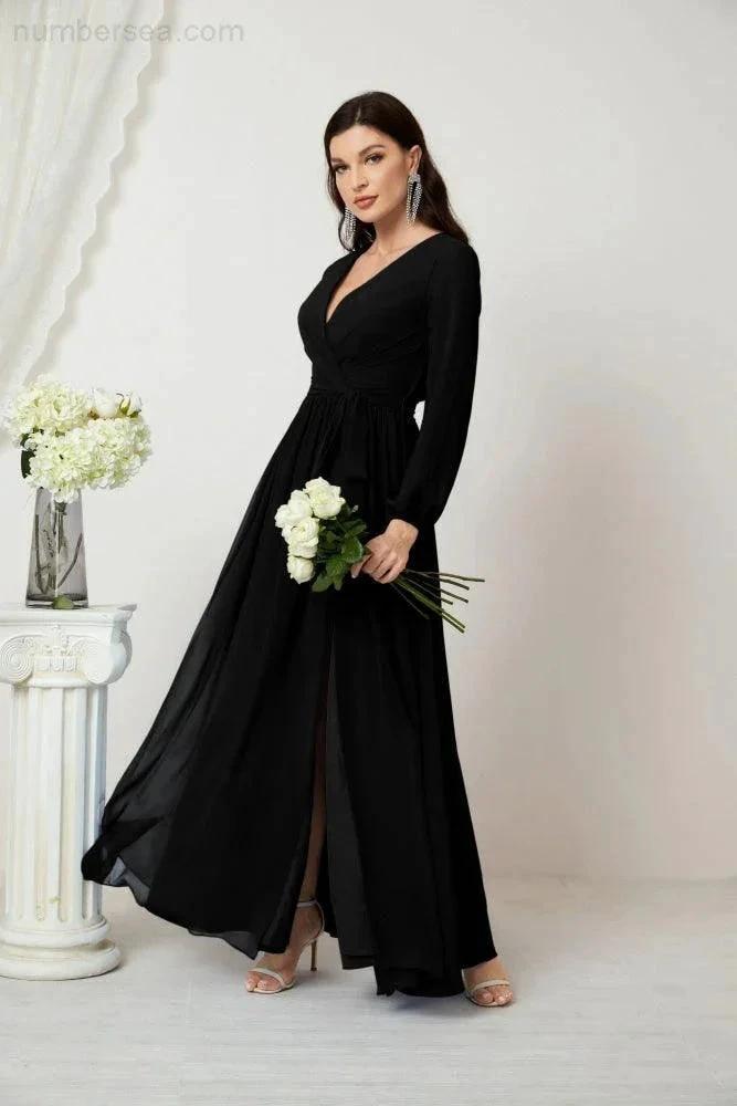 Sunnderly Evening Dresses Deep V-Neck Chiffon Bridesmaid Dresses Long Bishop Sleeve Side Split Formal Dress SY2806 by numbersea