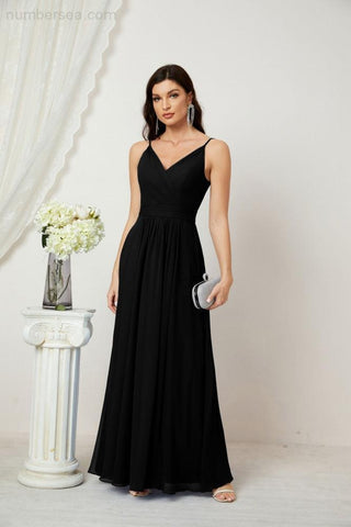 Numbersea Chiffon V-Neck Bridesmaid Dress Spaghetti Strap Long Formal Party Prom Gowns with Slit 28010