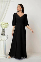 Numbersea Formal Prom Gown Women V-Neck Chiffon Bridesmaid Dresses Long Bishop Sleeve Party Dress 2807 by numbersea