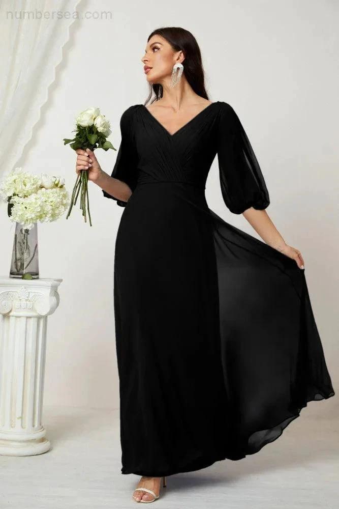 Numbersea Formal Prom Gown Women V-Neck Chiffon Bridesmaid Dresses Long Bishop Sleeve Party Dress 2807 by numbersea