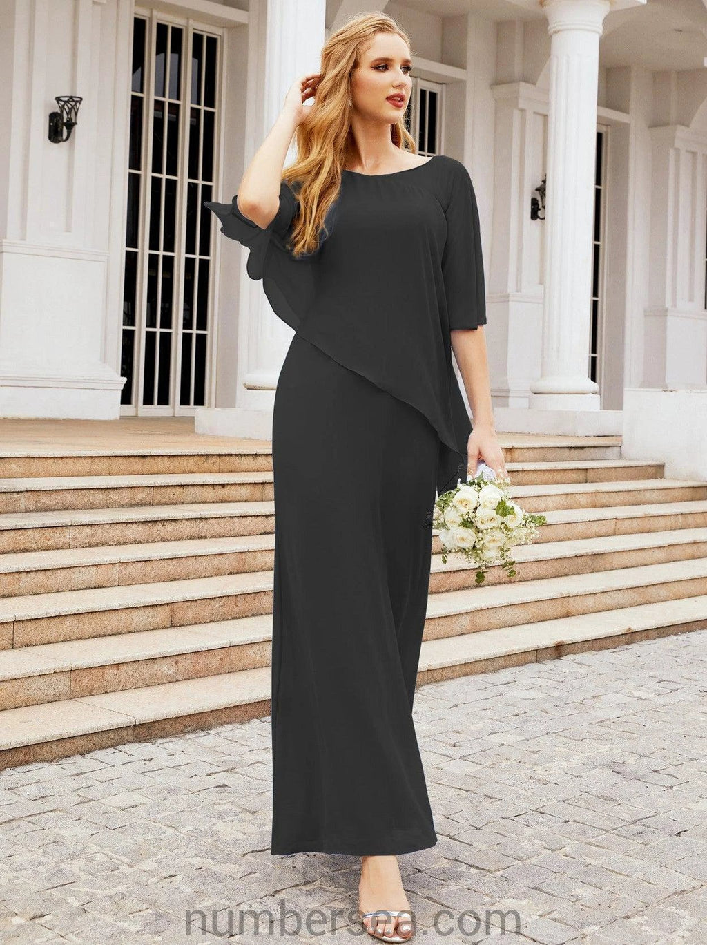 Sunnderly Formal Party Gown Dress Long Mother of The Bride Dresses with Ruffle Cape SY28026 by numbersea
