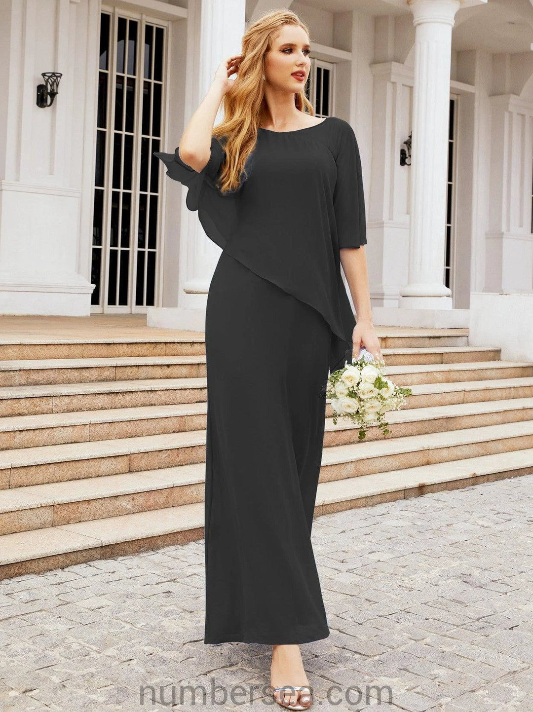 Sunnderly Formal Party Gown Dress Long Mother of The Bride Dresses with Ruffle Cape SY28026 by numbersea