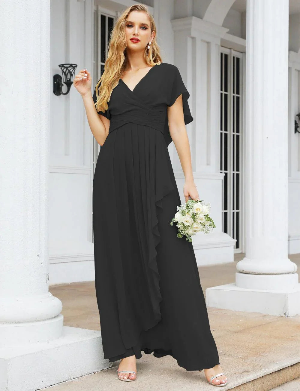 Numbersea Chiffon Bridesmaid Dresses Long Formal Evening Prom Mother of The Bride Dress with Flutter Sleeve     SEA28040