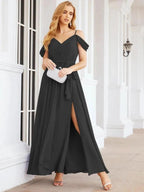 Numbersea Off The Shoulder Chiffon Bridesmaid Dress Long Formal Graduation Gown with Cowl Back 28069 by numbersea
