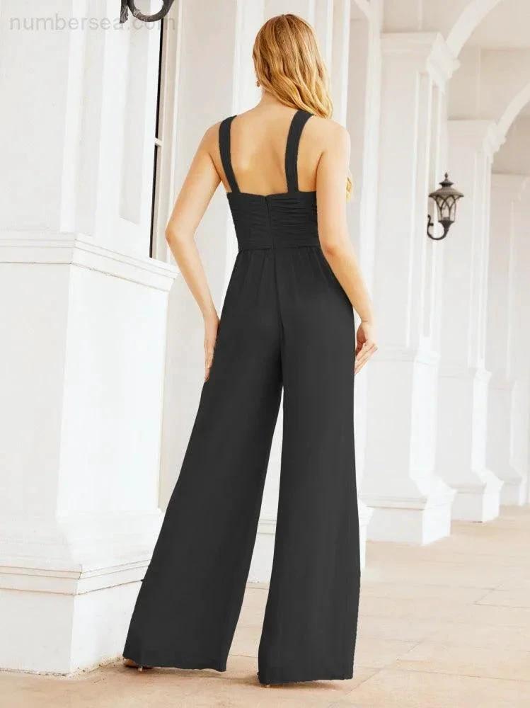 Numbersea Crisscross Neck Jumpsuit Formal Evening Dress Long Bridesmaid Dresses Bell-bottomed Pants 28033 by numbersea