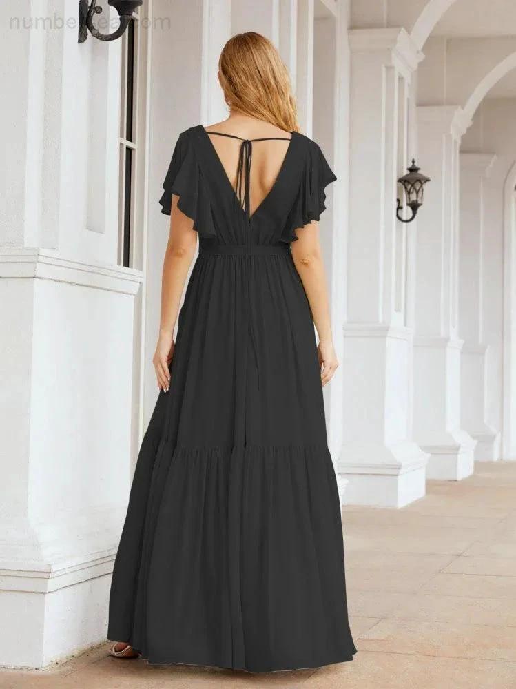 Numbersea Women's Open Back Formal Evening Party Prom Gowns V-Neck Long Chiffon Bridesmaid Dresses with Waist Belt 28038 by numbersea