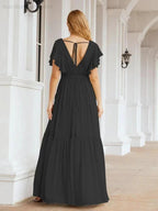 Numbersea Women's Open Back Formal Evening Party Prom Gowns V-Neck Long Chiffon Bridesmaid Dresses with Waist Belt 28038 by numbersea