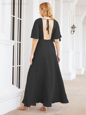 Numbersea V-Neck Bridesmaid Dress Chiffon Long Open Back Formal Dresses for Women Party Evening 28067