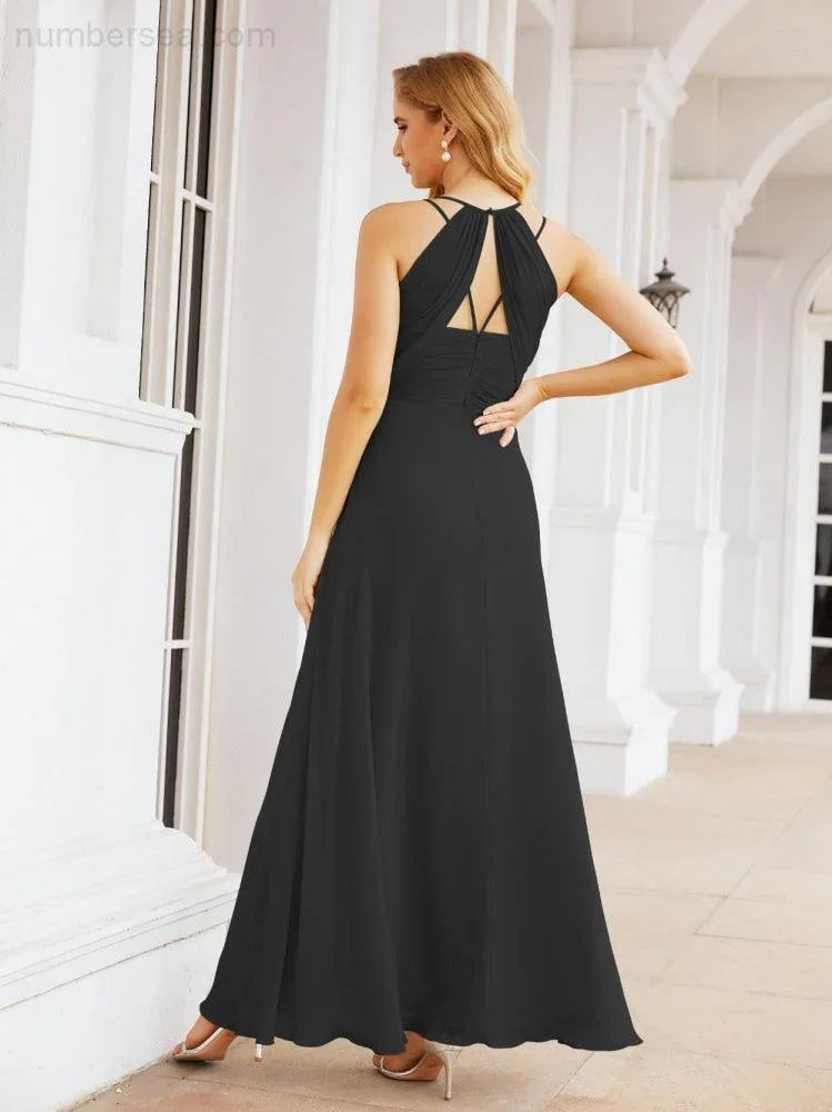 Vestidos de Damas de Honra Numbersea com Alças Duplas de Espaguete para Mulher Vestido Longo Formal para Festa com Fenda Lateral 28051
