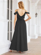 Numbersea Off The Shoulder Chiffon Bridesmaid Dress Long Formal Graduation Gown with Cowl Back 28069 by numbersea