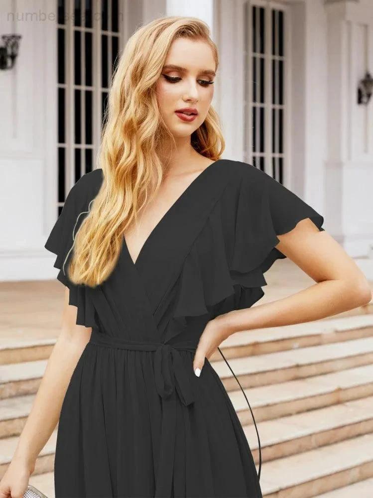 Numbersea Women's Open Back Formal Evening Party Prom Gowns V-Neck Long Chiffon Bridesmaid Dresses with Waist Belt 28038 by numbersea