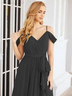 Numbersea Off The Shoulder Chiffon Bridesmaid Dress Long Formal Graduation Gown with Cowl Back 28069 by numbersea