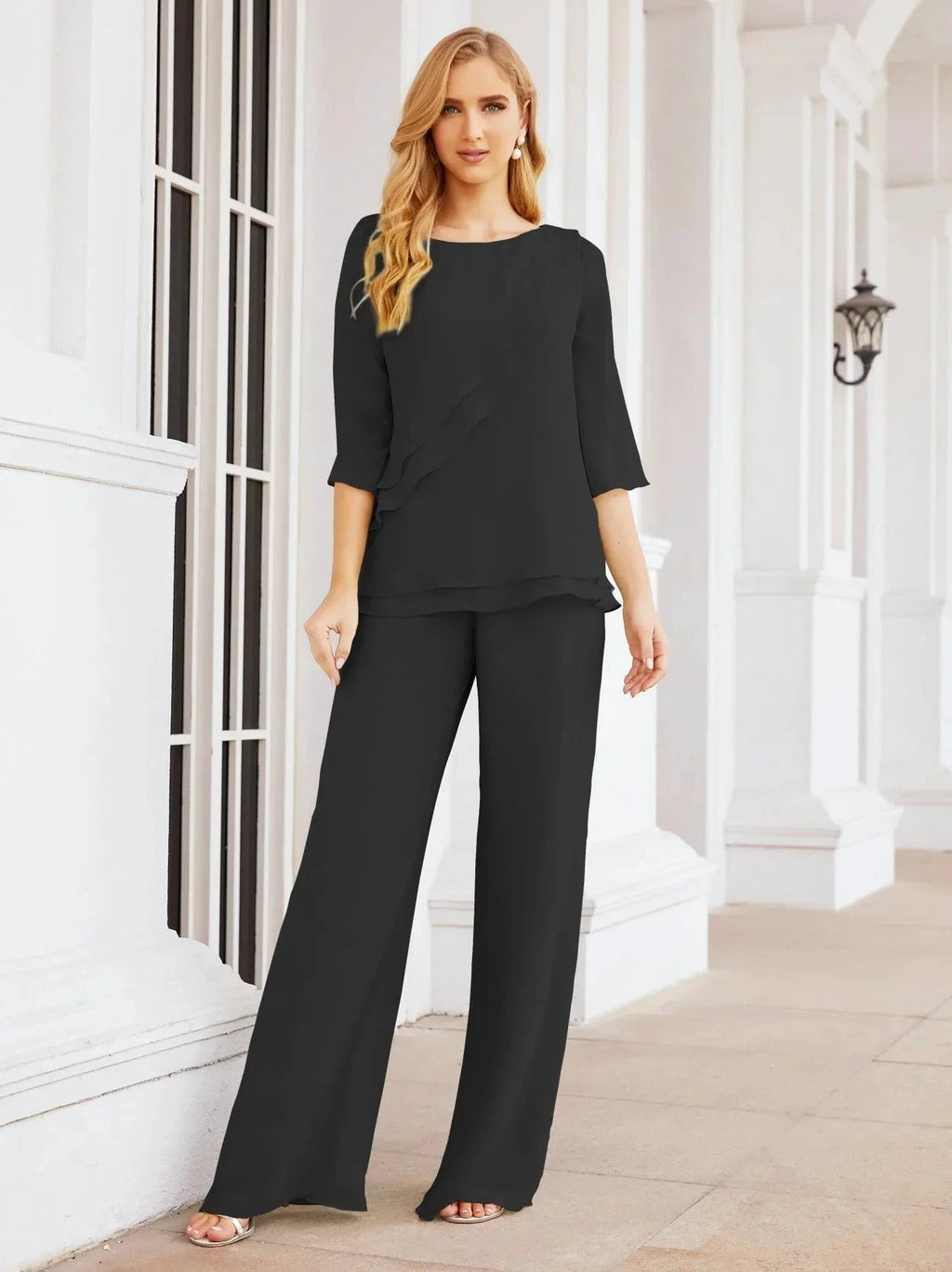 Sunnderly Elegant 2 Piece Mother of The Bride Dress Plus Size Pant Suits Ruffle Layers Sliver Housecoat SY28064 by numbersea