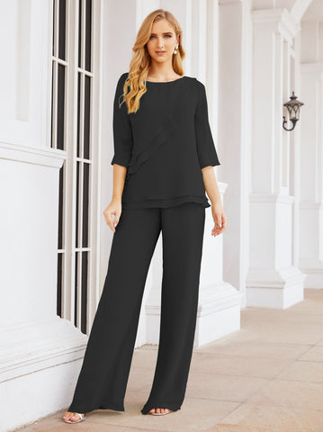 Sunnderly Elegant 2 Piece Mother of The Bride Dress Plus Size Pant Suits Ruffle Layers Sliver Housecoat SY28064