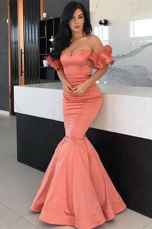 Stunning Long Off the Shoulder Satin Mermaid Prom Dresses by BIZTUNNEL