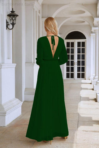 Ladies V Neck Chiffon Long Sleeve Front Slit Bridesmaid Evening Dress Wedding Party Shopping Evening Dress 28109