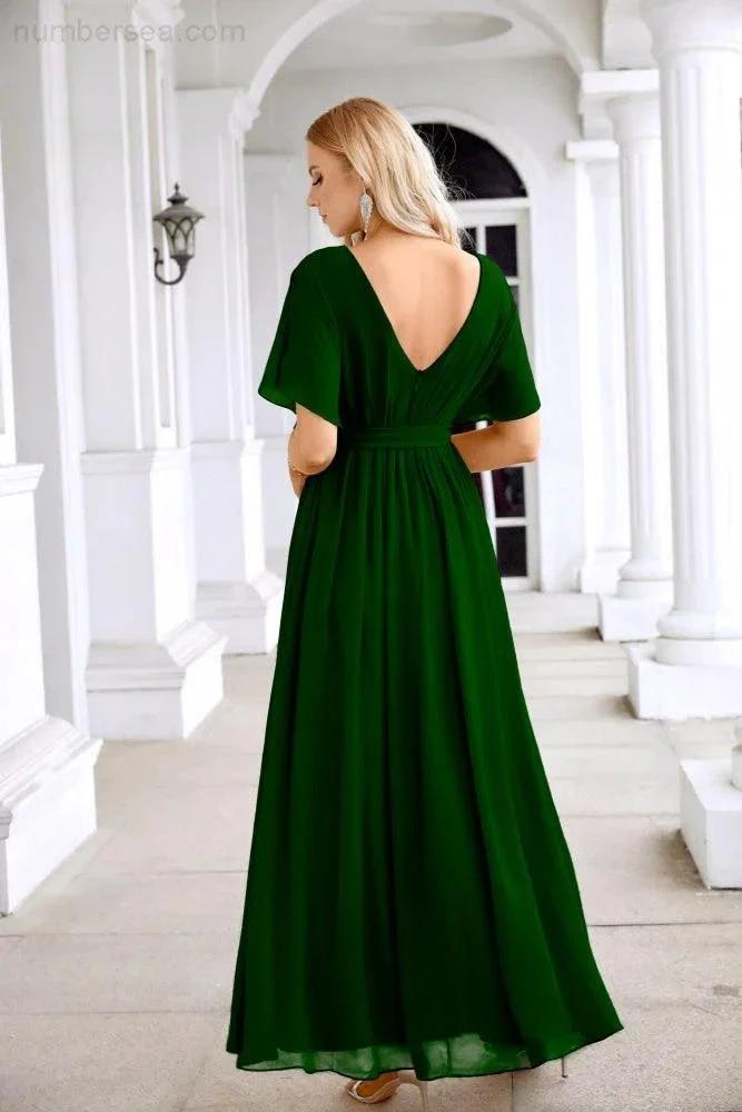 Ladies Chiffon Sleeve Crew Neck Front Slit Floor Length Bridesmaid Evening Dress Wedding Party Evening Dress 28124 by numbersea
