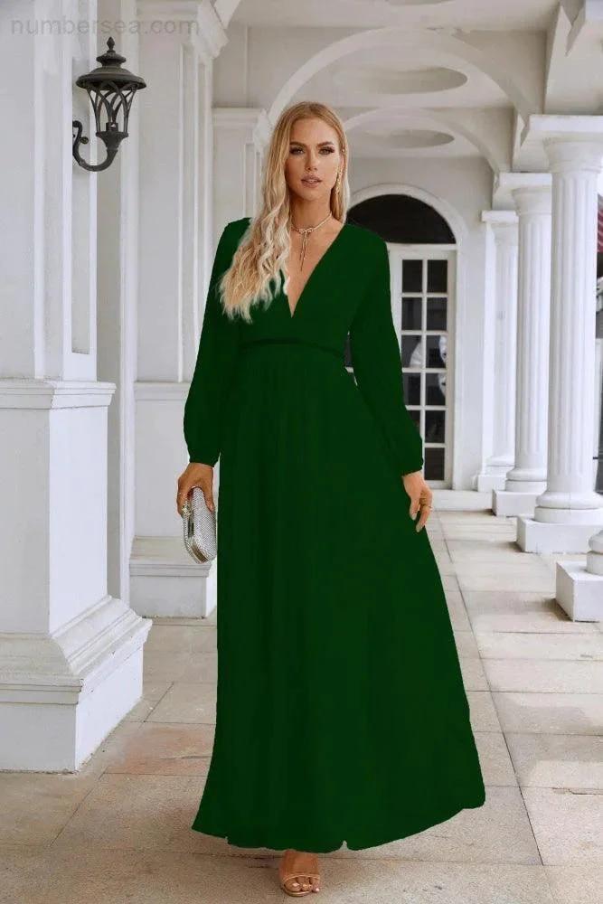 Ladies V Neck Chiffon Long Sleeve Front Slit Bridesmaid Evening Dress Wedding Party Shopping Evening Dress 28109 by numbersea