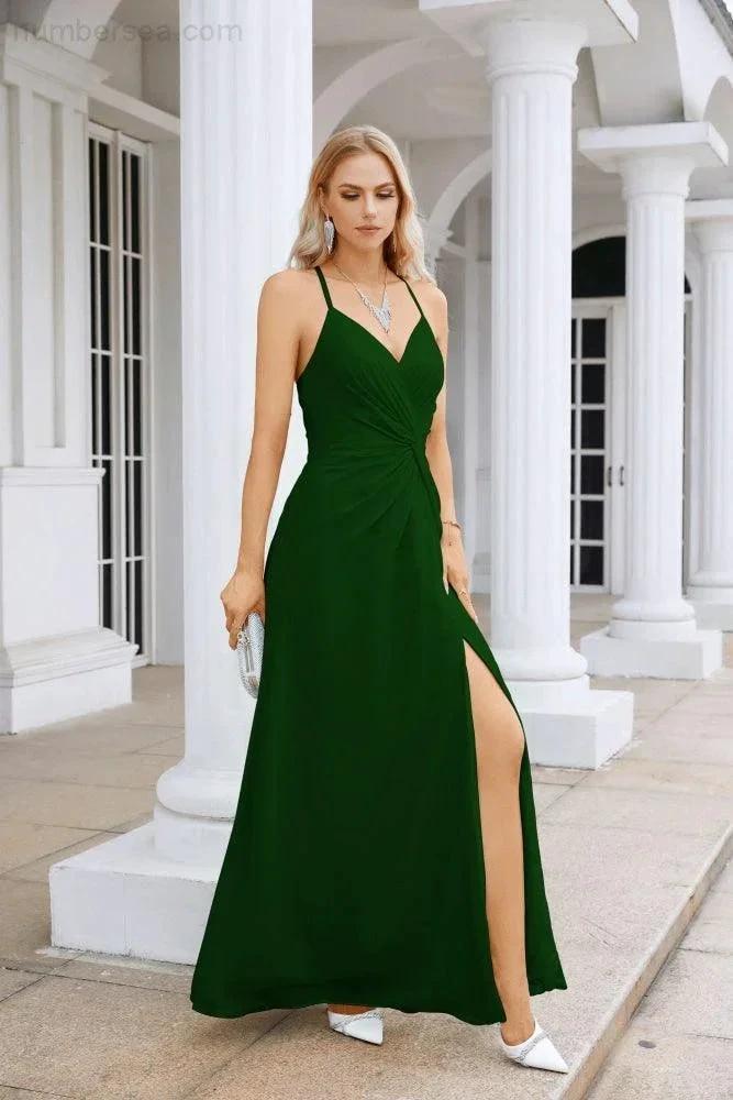 Ladies Chiffon Spaghetti Strap V Neck Front Slit Floor Length Bridesmaid Evening Dress Prom Party Wedding Evening Dress 28116 by numbersea