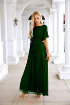 Ladies Chiffon Sleeve Crew Neck Front Slit Floor Length Bridesmaid Evening Dress Wedding Party Evening Dress 28124 by numbersea
