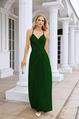 Ladies Chiffon Spaghetti Strap V Neck Front Slit Floor Length Bridesmaid Evening Dress Prom Party Wedding Evening Dress 28116