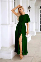 Ladies Chiffon Sleeve Crew Neck Front Slit Floor Length Bridesmaid Evening Dress Wedding Party Evening Dress 28124 by numbersea