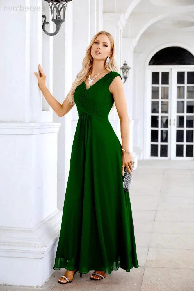 Ladies Chiffon V Neck Sleeveless Floor Length Bridesmaid Evening Dress Wedding Party Evening Dress 28126 by numbersea