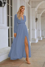 Ladies V Neck Chiffon Long Sleeve Front Slit Bridesmaid Evening Dress Wedding Party Shopping Evening Dress 28109 by numbersea