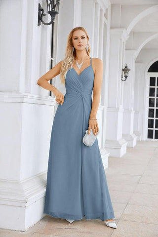 Ladies Chiffon Spaghetti Strap V Neck Front Slit Floor Length Bridesmaid Evening Dress Prom Party Wedding Evening Dress 28116