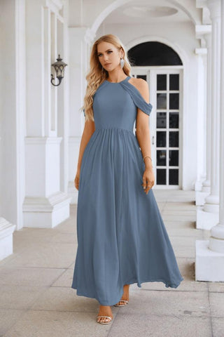 Ladies Chiffon Off Shoulder Swing Sleeve Front Slit Bridesmaid Evening Dress Wedding Party Evening Dress 28117
