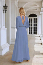 Ladies V Neck Chiffon Long Sleeve Front Slit Bridesmaid Evening Dress Wedding Party Shopping Evening Dress 28109 by numbersea