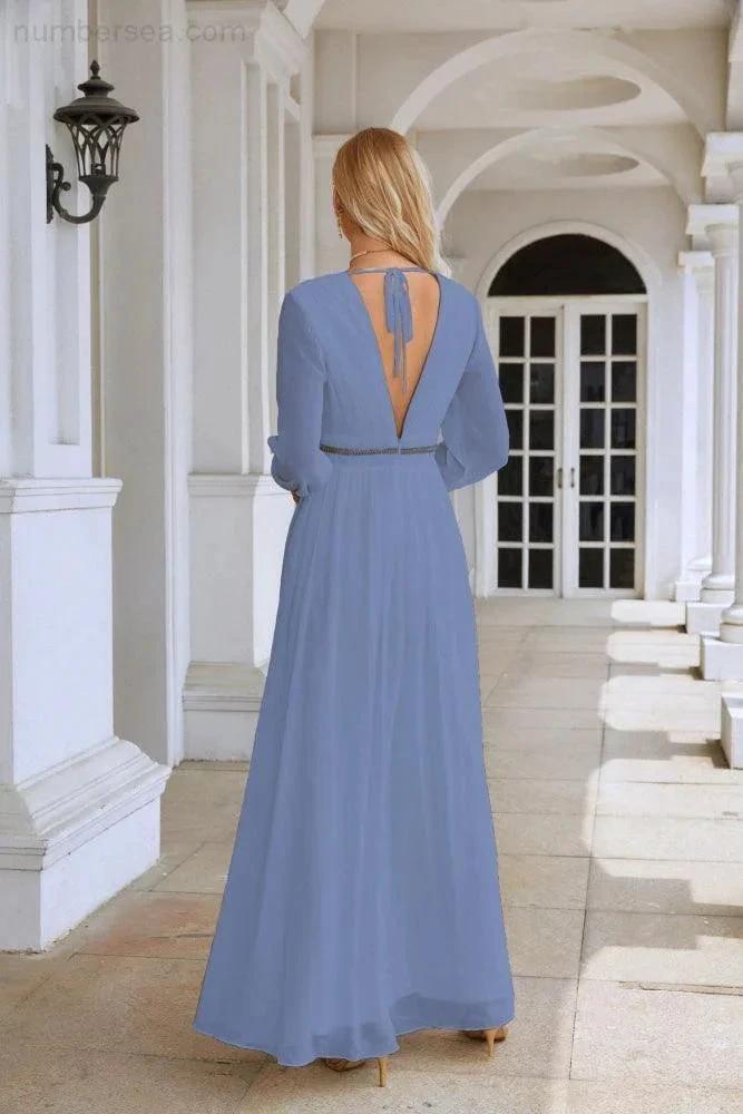 Ladies V Neck Chiffon Long Sleeve Front Slit Bridesmaid Evening Dress Wedding Party Shopping Evening Dress 28109 by numbersea