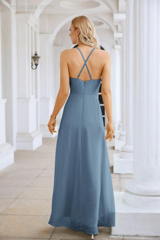 Ladies Chiffon Spaghetti Strap V Neck Front Slit Floor Length Bridesmaid Evening Dress Prom Party Wedding Evening Dress 28116