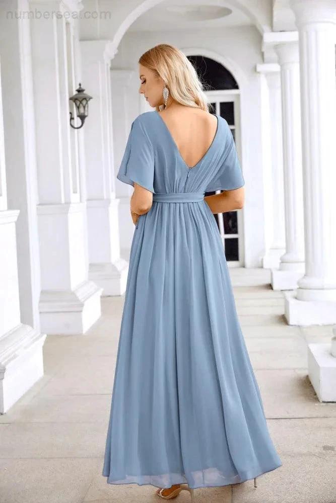 Ladies Chiffon Sleeve Crew Neck Front Slit Floor Length Bridesmaid Evening Dress Wedding Party Evening Dress 28124 by numbersea