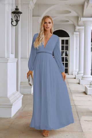 Ladies V Neck Chiffon Long Sleeve Front Slit Bridesmaid Evening Dress Wedding Party Shopping Evening Dress 28109