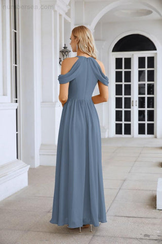 Ladies Chiffon Off Shoulder Swing Sleeve Front Slit Bridesmaid Evening Dress Wedding Party Evening Dress 28117