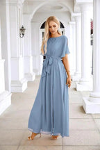 Ladies Chiffon Sleeve Crew Neck Front Slit Floor Length Bridesmaid Evening Dress Wedding Party Evening Dress 28124 by numbersea