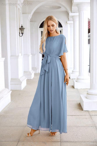 Ladies Chiffon Sleeve Crew Neck Front Slit Floor Length Bridesmaid Evening Dress Wedding Party Evening Dress 28124