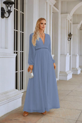 Ladies V Neck Chiffon Long Sleeve Front Slit Bridesmaid Evening Dress Wedding Party Shopping Evening Dress 28109