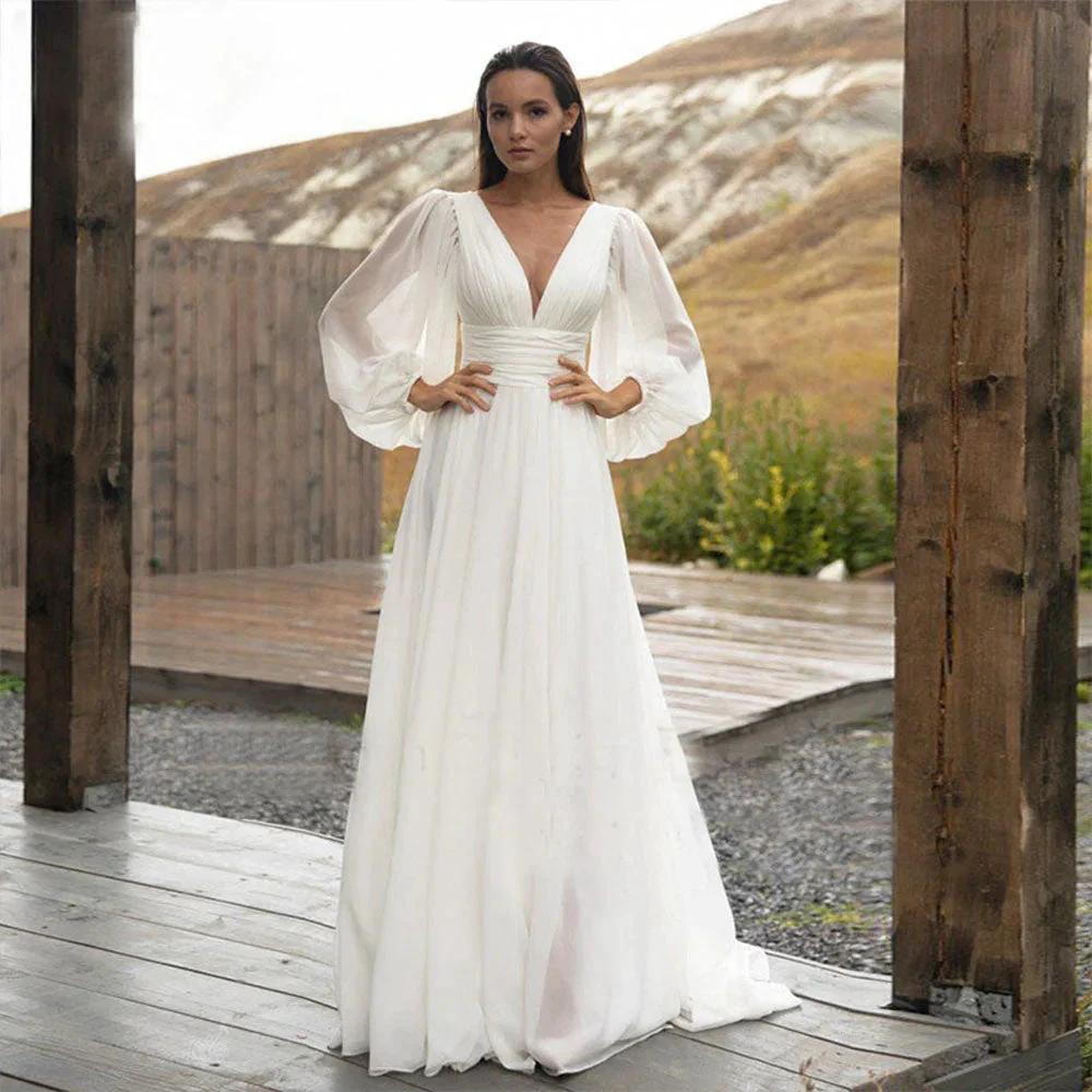 Simple Puff Sleeve Wedding Dress Bridal Long A Line Backless Beach Bride Gown Sweep Train Chiffon Robe De Mariée Vestidos by payinti