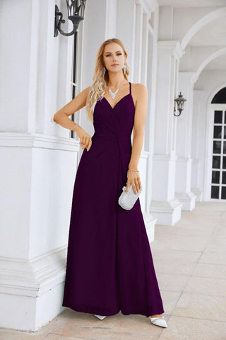Ladies Chiffon Spaghetti Strap V Neck Front Slit Floor Length Bridesmaid Evening Dress Prom Party Wedding Evening Dress 28116