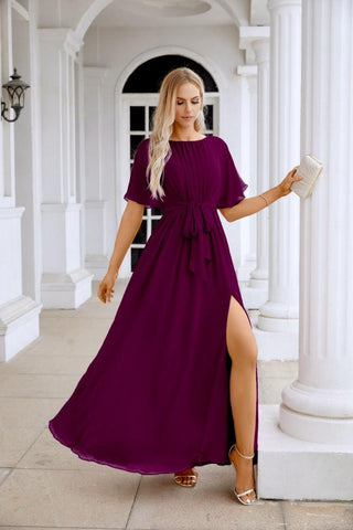 Ladies Chiffon Sleeve Crew Neck Front Slit Floor Length Bridesmaid Evening Dress Wedding Party Evening Dress 28124