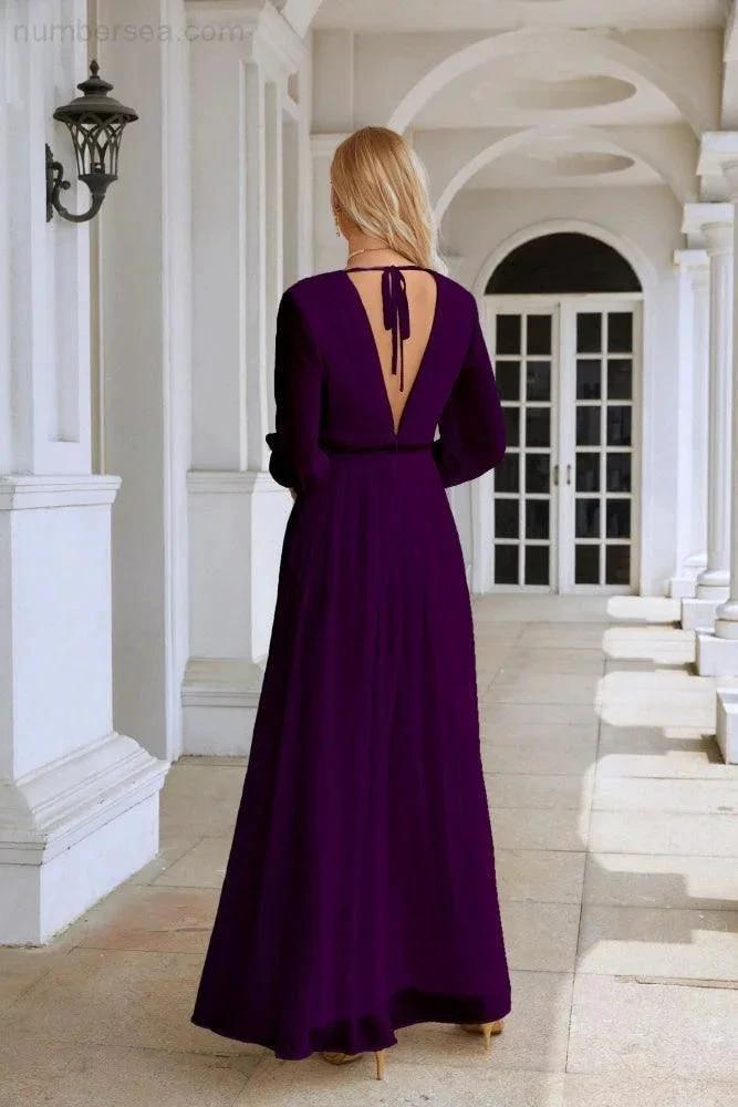 Ladies V Neck Chiffon Long Sleeve Front Slit Bridesmaid Evening Dress Wedding Party Shopping Evening Dress 28109 by numbersea