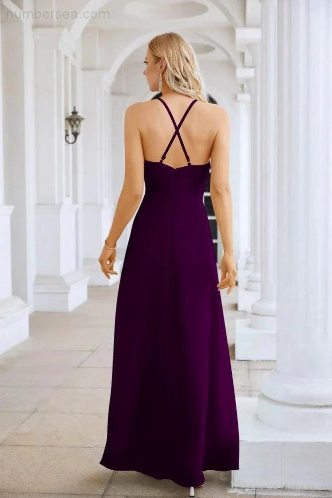 Ladies Chiffon Spaghetti Strap V Neck Front Slit Floor Length Bridesmaid Evening Dress Prom Party Wedding Evening Dress 28116 by numbersea