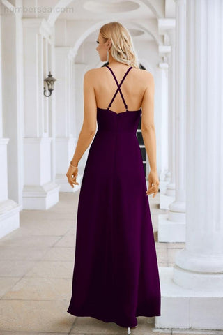 Ladies Chiffon Spaghetti Strap V Neck Front Slit Floor Length Bridesmaid Evening Dress Prom Party Wedding Evening Dress 28116