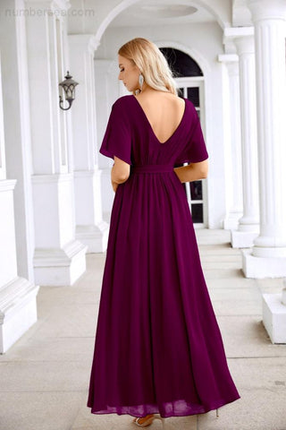 Ladies Chiffon Sleeve Crew Neck Front Slit Floor Length Bridesmaid Evening Dress Wedding Party Evening Dress 28124