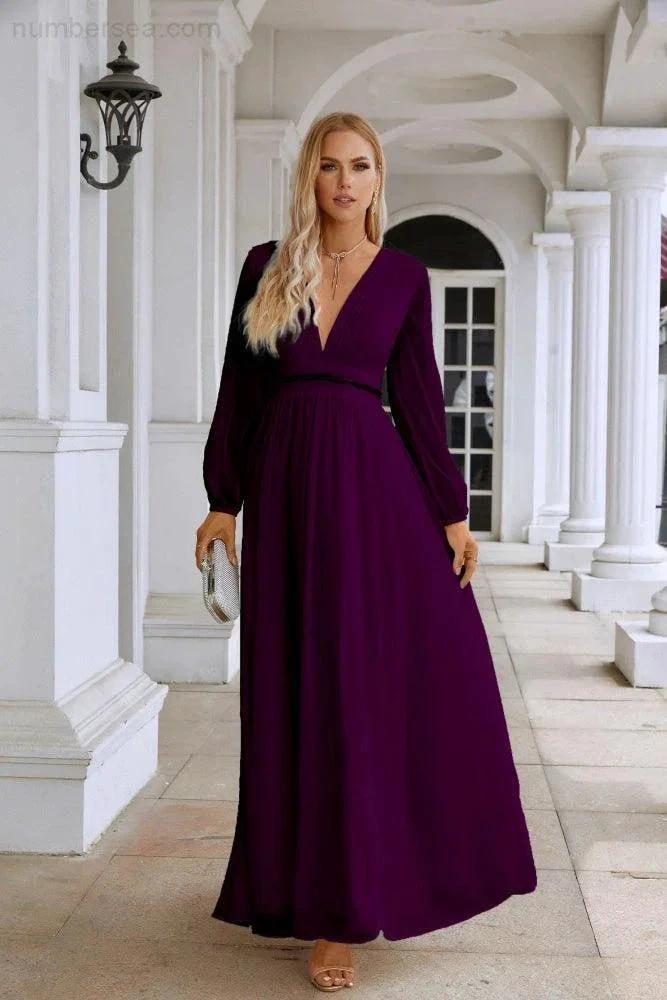 Ladies V Neck Chiffon Long Sleeve Front Slit Bridesmaid Evening Dress Wedding Party Shopping Evening Dress 28109 by numbersea
