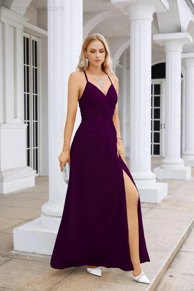 Ladies Chiffon Spaghetti Strap V Neck Front Slit Floor Length Bridesmaid Evening Dress Prom Party Wedding Evening Dress 28116 by numbersea