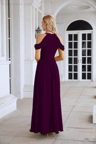 Ladies Chiffon Off Shoulder Swing Sleeve Front Slit Bridesmaid Evening Dress Wedding Party Evening Dress 28117